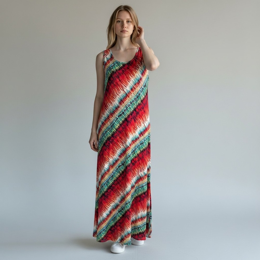 Vasna Womens Red Teal Tie Dye Sleeveless Maxi Dress Made in USA Medium